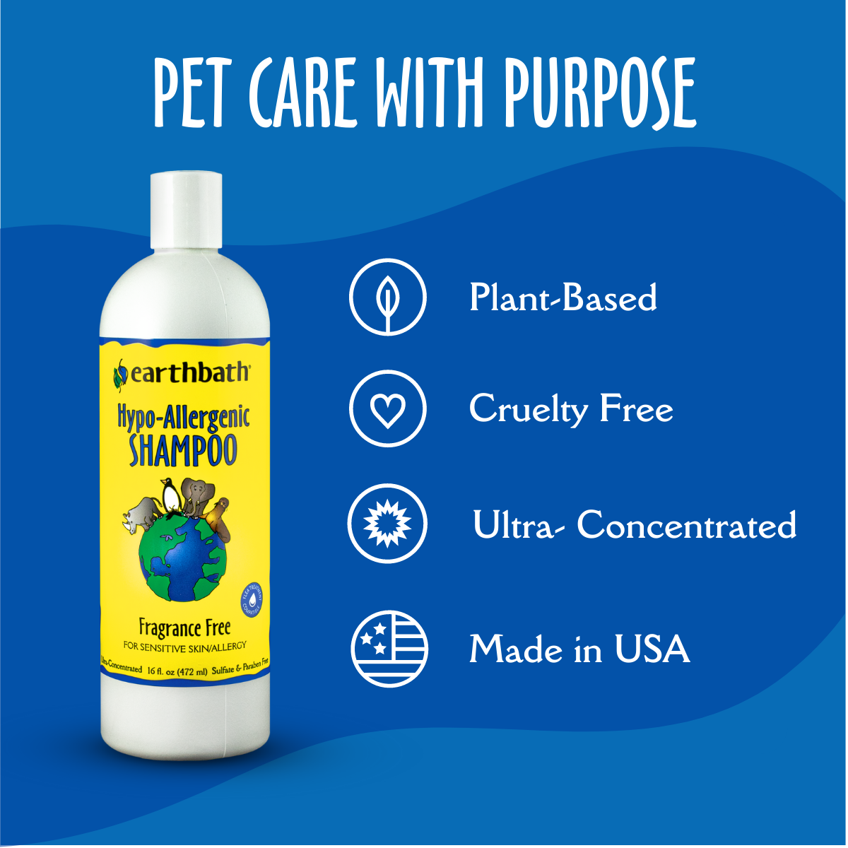earthbath® Hypo-Allergenic Shampoo, Fragrance Free, For Sensitive Skin, Made in USA, 16 oz